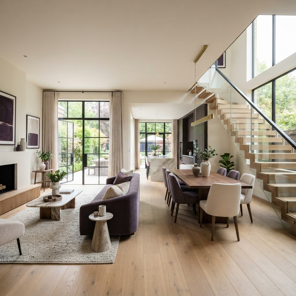 Elegant full home renovation with open living and dining area