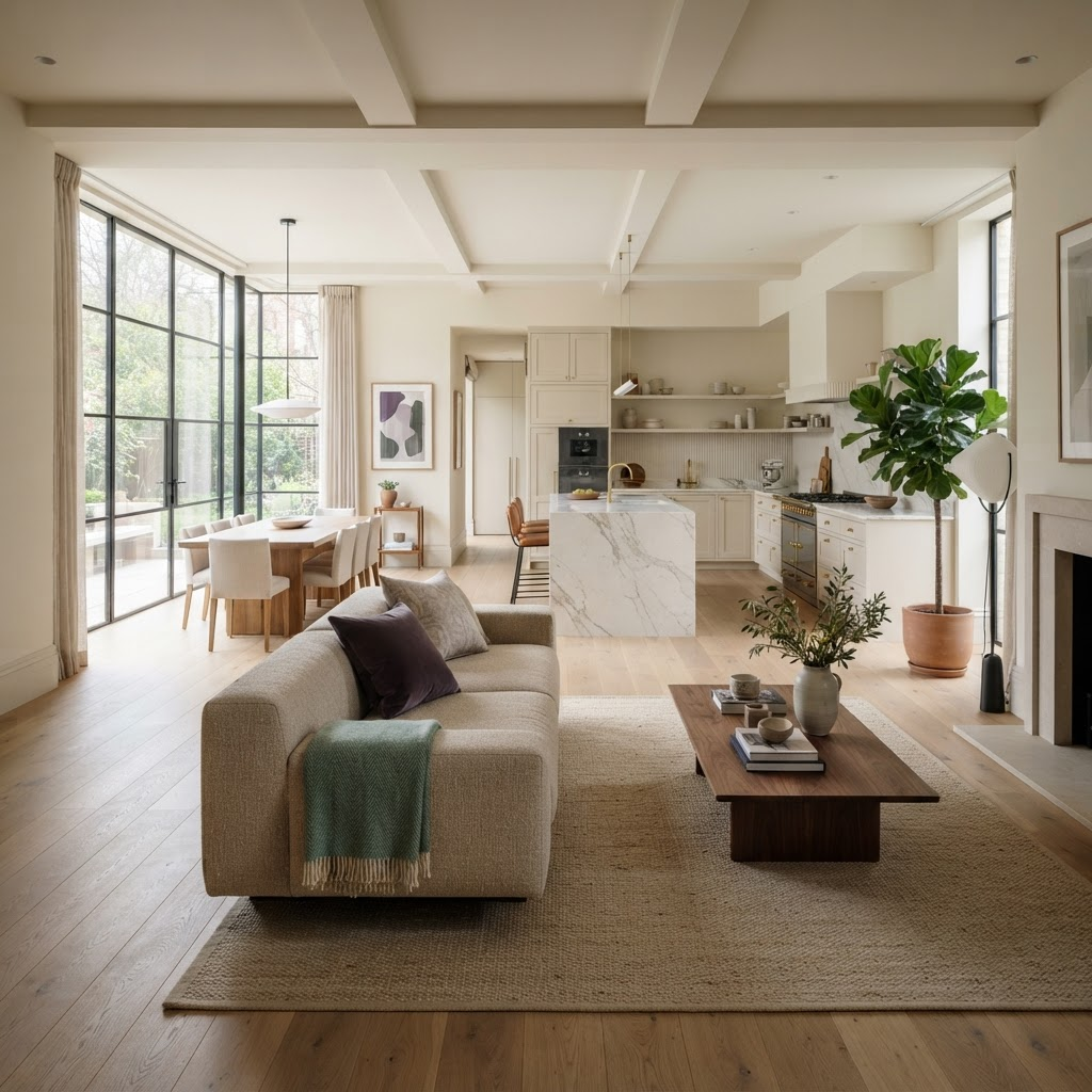Luxury renovated open-plan living room and kitchen in the Greater Toronto Area